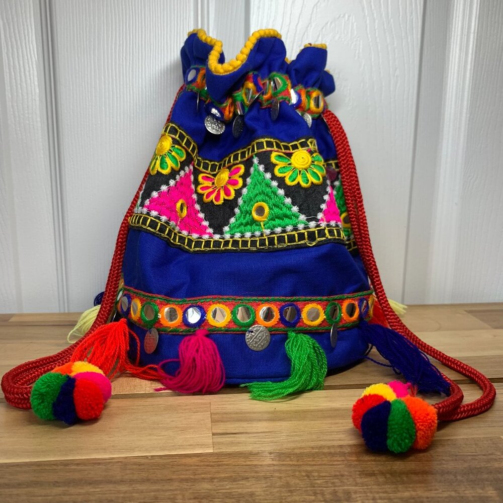 Boho Festival Crossbody Bag – Bright Embroidered Mirror Work with Tassels & Pom-